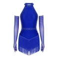 thumbnail image 1 of Hansber Robe de Danse pour Femme à Franges en Strass avec Gants, Col Licou, Costume de Danse Latine pour Salle de Bal, Rumba, Salsa, Bleu Royal G, 1 of 7