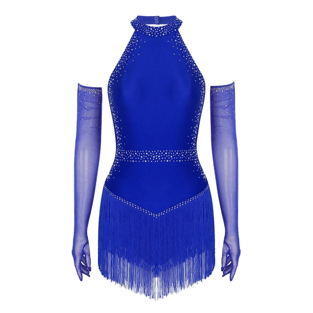 Hansber Robe de Danse pour Femme à Franges en Strass avec Gants, Col Licou, Costume de Danse Latine pour Salle de Bal, Rumba, Salsa, Bleu Royal G