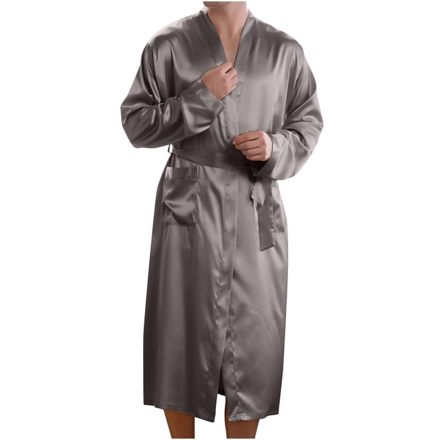 DPTALR Men Solid Casual Long Sleeves Lace-up Home Pocket Long Pajama Robe