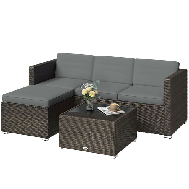 3-Piece Outdoor Rattan Wicker Patio Furniture Set, Light Grey PE Wicker Corner Sofa, Ottoman and Glass Top Coffee Table for Backyard, Garden, Porch and Poolside, 68"L x 49"W x 24"H