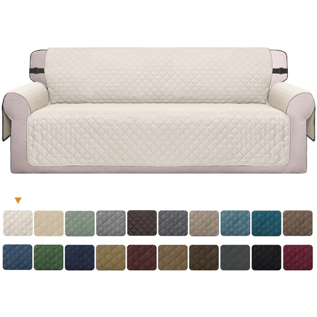 Reversible sofa cover in a quilted beige design, displayed on a sofa with elastic straps for a secure fit. This water-resistant, machine washable slipcover protects furniture from spills, scratches, and pet fur. Made with three layers of thickened fabric, it offers durability and comfort. The reversible design provides two style options, and anti-slip technology ensures it stays in place. Suitable for homes with pets, children, or frequent use, and available in 14 colors and various sizes.