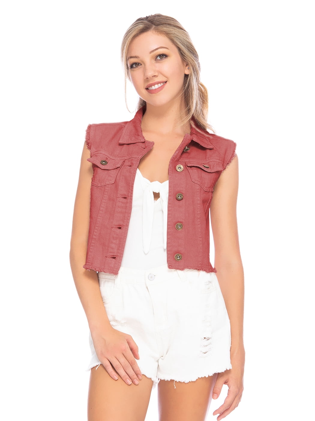 Gilet Court Sans Manches en Denim Usé à Boutons pour Femmes, Rouge, Grand