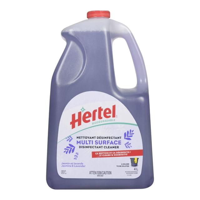 Hertel Multi-surface cleaning disinfectant to be diluted Jasmine and Lavender 4L plastic jug with red cap, containing purple liquid, labeled biodegradable all-purpose cleaner for household surfaces to clean, disinfect, and freshen with jasmine and lavender scent.