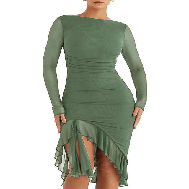 CNKOO Robe à Manches Longues à Volants Unie pour Femmes Style Midi Moulant