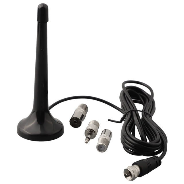 3meters FM Radio Antenna Telescopic Antenna with Magnetic Base 3 Plug Adapters front-facing telescopic stainless steel antenna with magnetic ABS base and 3 m coaxial cable, includes three F/TV plug adapters, extends 115–365 mm for FM, VHF and UHF reception and often used to improve tabletop radio or DAB+ placement.
