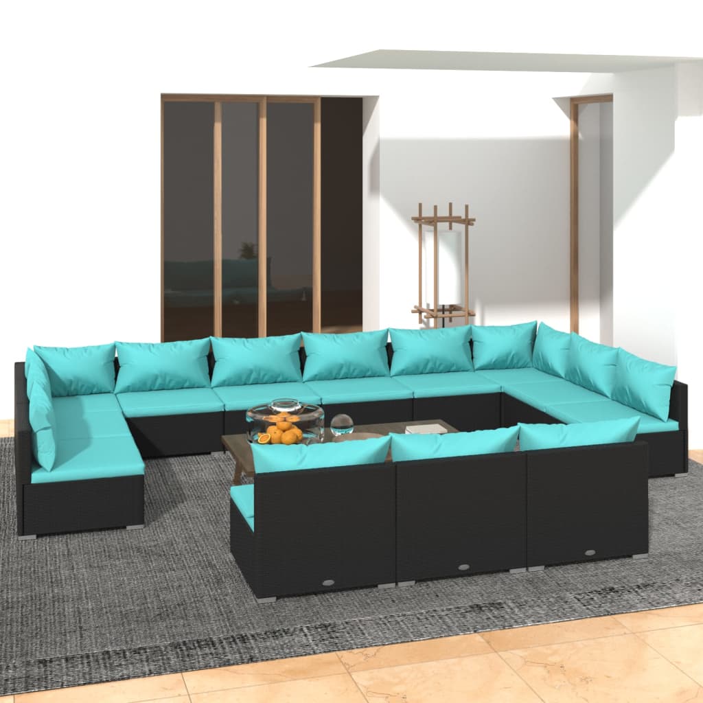 vidaXL 13 Piece Garden Lounge Set with Cushions Black Poly Rattan