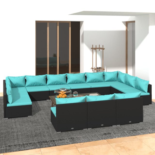vidaXL 13 Piece Garden Lounge Set with Cushions Black Poly Rattan