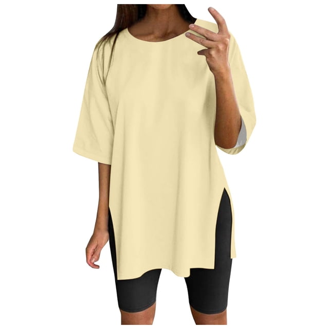 WEIYLL Womens T Shirts Oversize Sports Summer Solid Tunic Loose With Slits Beige Tees Sizes S