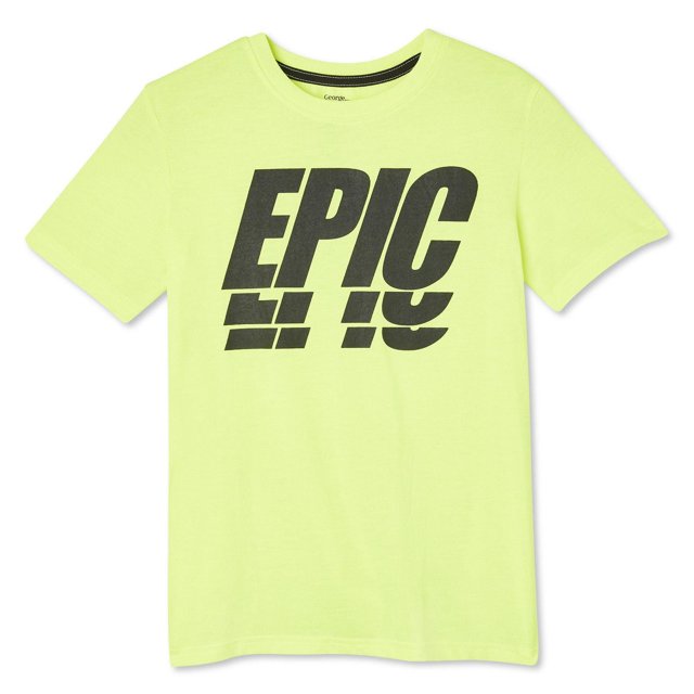 George T-shirt Graphique à Manches Courtes pour Garçons en Vert lime Vif avec Encolure Ras du Cou et Manches Courtes, avec une Impression Graphique « Epic » Noire Audacieuse à l'Avant, Fabriqué en Tricot jersey Doux, Idéal pour une Tenue Décontractée avec du denim Ou des shorts et Adapté au Jeu Actif.
