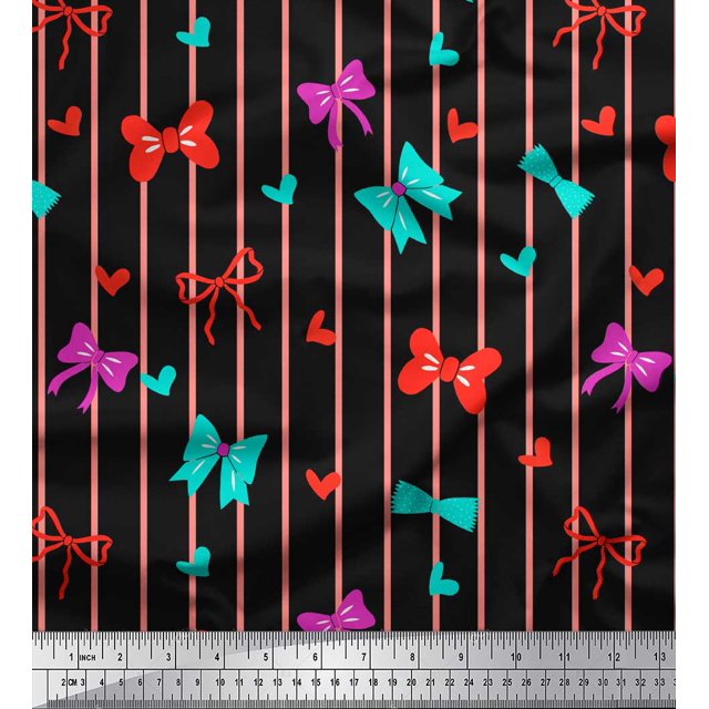 Soimoi Black Rayon Fabric Bow & Stripe Decor Fabric Printed Yard 56 Inch Wide