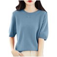 thumbnail image 2 of AherBiu Hauts d'Été pour Femmes Col Rond Manches Mi-Longues Chemises Unies Décontractées Coupe Ample T-Shirts Basiques Blouses, 2 of 5