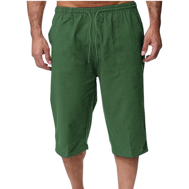 EOYWHK Mens Linen Capri Pants Summer Loose Fit Lightweight Sleep Shorts Elastic Waist Drawstring with Pockets
