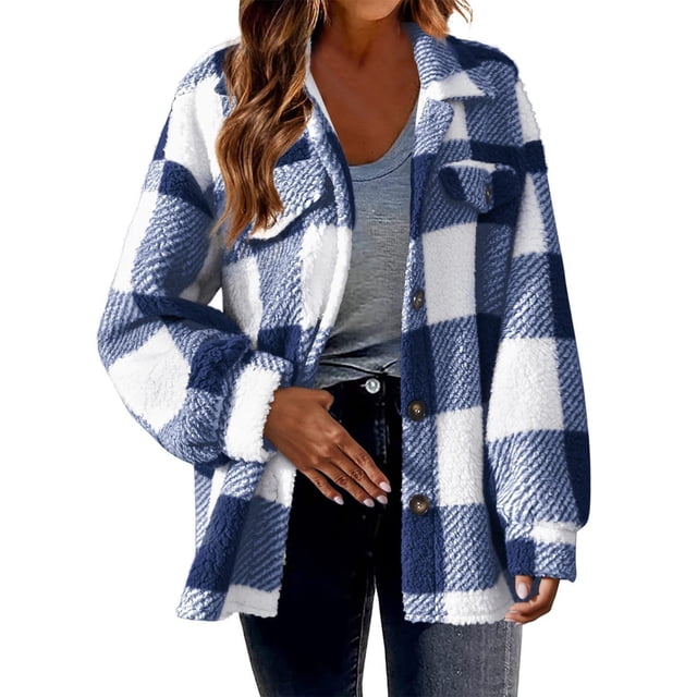 Timegard Womens Jacket Plus Size Plaid Stand Collar Button down Fleece Hooded Jacket Winter Fuzzy Warm Coat