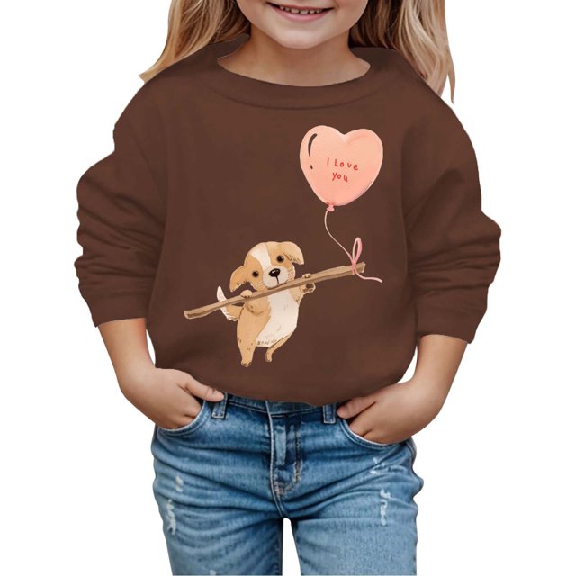 PMVFHDE Chandails à Col Rond Fille Automne et Hiver Saint-Valentin à la Mode et Intéressant Imprimé Chiot Chandail à Capuchon pour Enfants Brun, 3-4 Ans