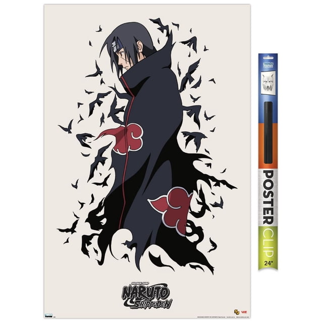 Naruto Shippuden - Affiche Murale d'Itachi Représentant Itachi Uchiha en Cape Noire avec des motifs de Nuages Rouges, Entouré de Corbeau Noirs sur un Fond Clair, avec le logo Naruto Shippuden au Bas, Convient à la Déco Murale d'Anime et de manga.