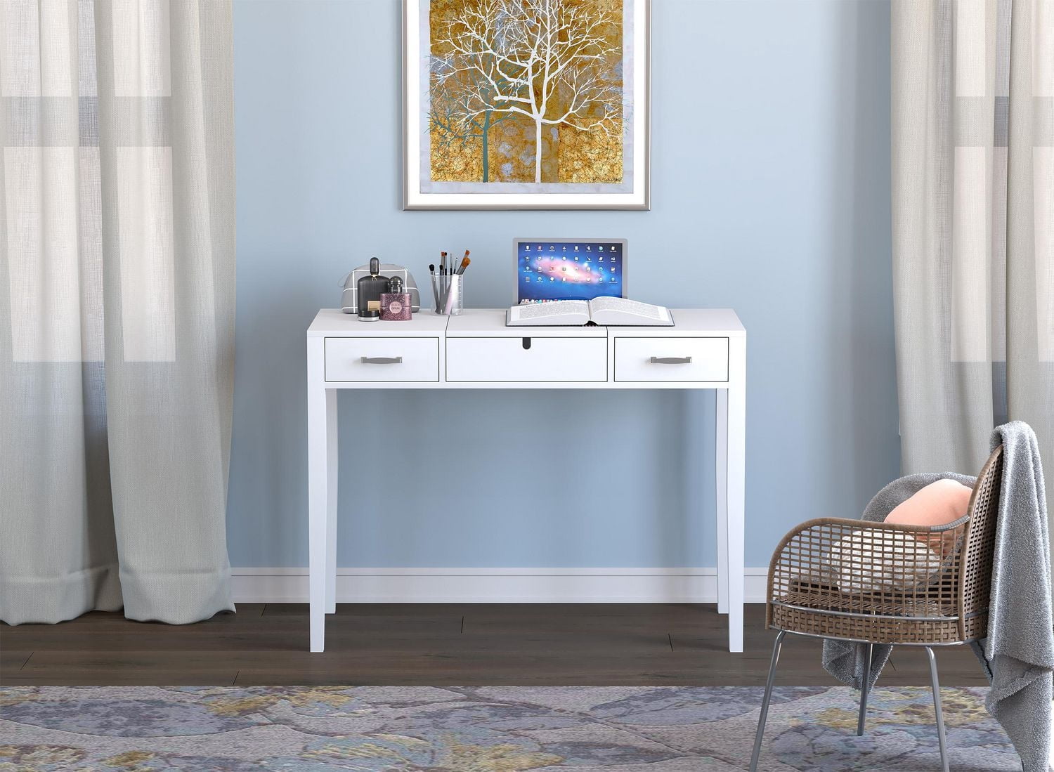 Safdie & Co. Vanité Maquilleuse Bureau Multifonctionnelle 40po Blanc avec 2 Tiroirs et 1 Miroir Pliable pour Salon, Dressing ou Chambre