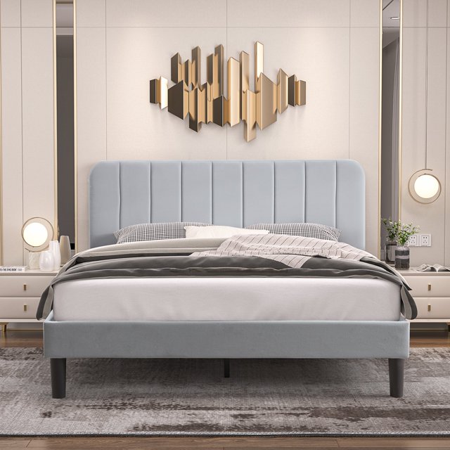 VECELO Full Size Upholstered Beds, Modern Platform Bed Frame with Adjustable Headboard, Wooden Slats Support/No Box Spring Needed, Light Grey