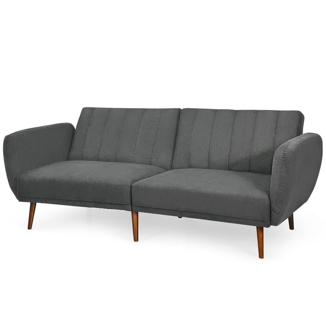 Giantex Futon Canapé-Lit Convertible en Tissu de Lin Gris avec Dossier Séparé et Ajustable Offrant Trois angles (105°, 135° et 180°). design de Causeuse Moderne Soutenu par six Pieds en Bois Massif avec Patins Anti-Rayures. Fait Aussi Office de Sofa-Lit, Idéal pour les Petits Espaces comme les Appartements et les Dortoirs.