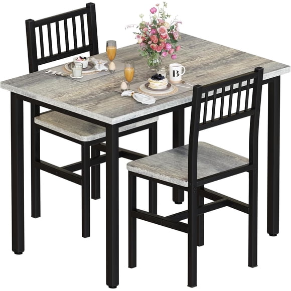 Lamerge 3 Piece Dining Table Set, Rustic Kitchen Table and Chairs Set, Thickened Solid Wood Carbon Plate, Breakfast Table Set for Small Spaces, Dining Room, Kitchen, Rustic Gray