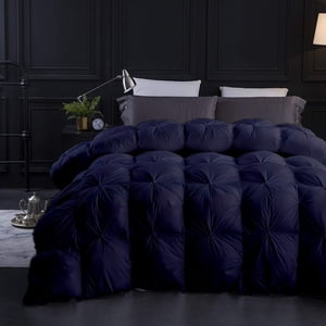 Navy Blue All Season Down Pin-Tuck Comforter- Eastern King Size 118 x 110 Inches 1 pc Pinch Pleated Comforter 600 GSM & 4-Corner Tab's 100% Egyptian Cotton- Navy Blue Solid