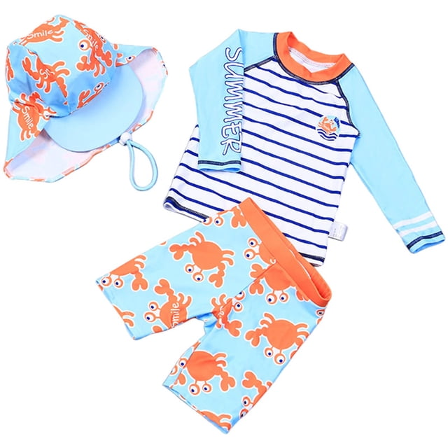 Splozh Rash Guard Toddler Boy Childrens Swimsuit Cartoon Swimsuit Set for Baby Rash Guard Swimwear with Sun Hat Light Blue,3-4 Years