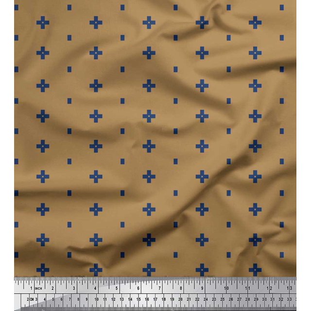 Soimoi Brown Poly Georgette Fabric Geometric Plus Sign & Jamdani Print Fabric by the Yard 52 Inch Wide