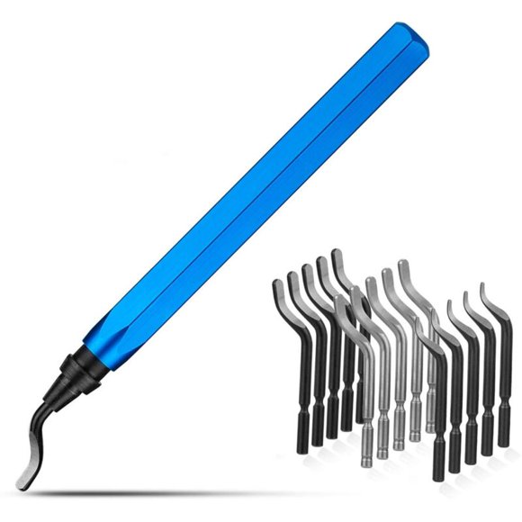 Outil d'Ébavurage avec Manche en Métal, Ensemble de 15 Lames d'Ébavurage Rotatives, Outil d'Ébavurage à Main pour Plastique, Aluminium, Cuivre et Acier (Bleu)