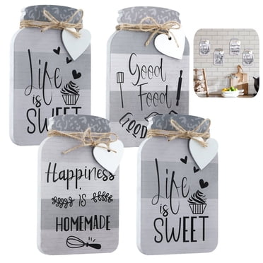 Décor Mural de Cuisine, 4 Pcs Enseignes d'Art Murales LIFE IS SWEET, Décor Rustique pour la Maison en Forme de Pot Mason, Plaques Murales de Décoration Style Ferme pour Cuisine Café Bar