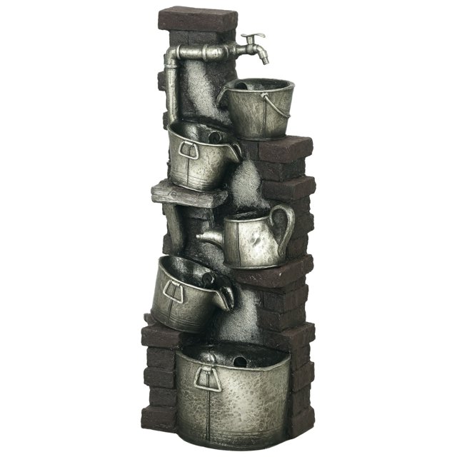 Outsunny Faucet & Barrel Outdoor Fountain, LED Lights, Resin Water Fountain