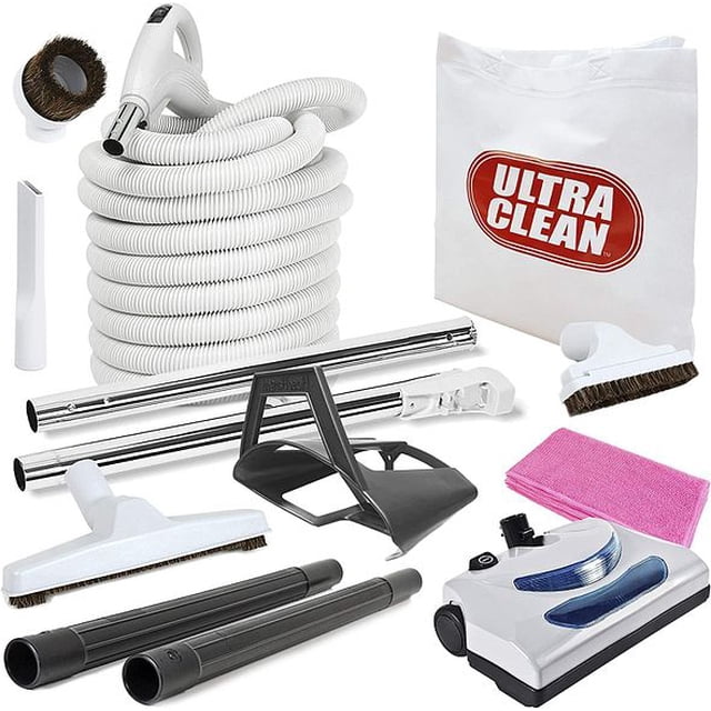Ultra Clean Central Vacuum Kit with Powerhead Hose and Tools, featuring a lightweight crush-proof electric hose with a 350-degree swivel handle and fingertip on/off switch. Includes a high-end electric powerhead with a chromed steel brush roll, 5,500 RPM motor, and headlight for improved cleaning visibility. Comes with a hardwood ceramic floor nozzle, upholstery nozzle, crevice tool, dust brush, and a large hose hanger with built-in storage cubby. Also includes two chromed steel wands, a cord management set, and an eco-friendly Ultra Clean branded storage tote bag. Compatible with all central vacuum systems, including Beam, Electrolux, and Nutone, with standard 1.5-inch wall valves.