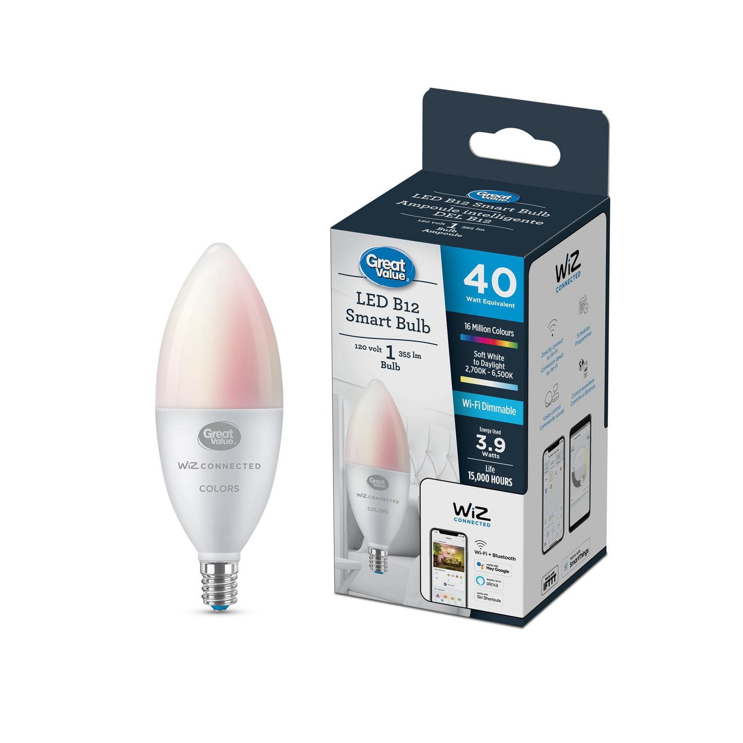 Great Value WIZ 40W Full Colour B12 WiFi Bulb