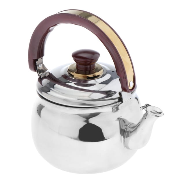 Luzkey Small Tea Kettle Stovetop Tea Pot with a 0.6-liter capacity, made of stainless steel. Features a polished silver body with a maroon and gold PP plastic grooved handle for anti-slip and anti-hot functionality. Includes a whistling feature to indicate when water is hot. Suitable for use on stovetops or electric coil ranges, ideal for boiling water, making tea, coffee, or milk. Compact and portable, perfect for home, kitchen, camping, or travel.