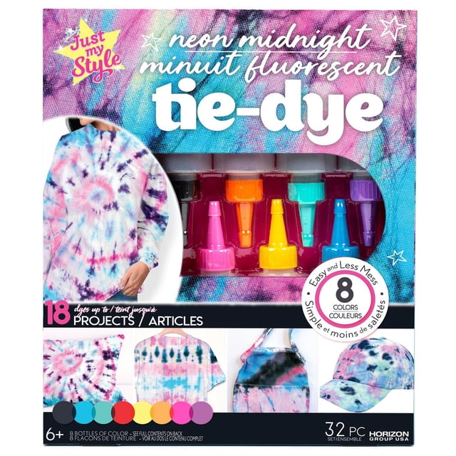 Just My Style® Neon Midnight Tie-Dye kit with 8 neon dye bottles in pink, orange, yellow, teal, blue, and purple featuring less-mess applicator tops, shown with tie-dye examples on cotton apparel including a long-sleeve shirt, t-shirt, apron, and cap, ideal for up to 18 projects and suitable for ages 6 and up.