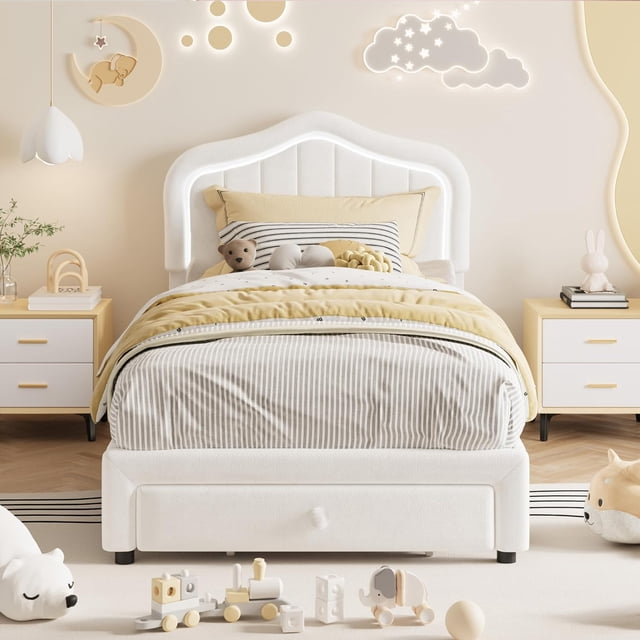 Twin Upholstered Bed Frame with Storage Drawer and Smart Led Headboard, Twin Size Platform Bed Frames for Kids, Wooden Slats Support, No Box Spring Needed, Easy Assembly, White