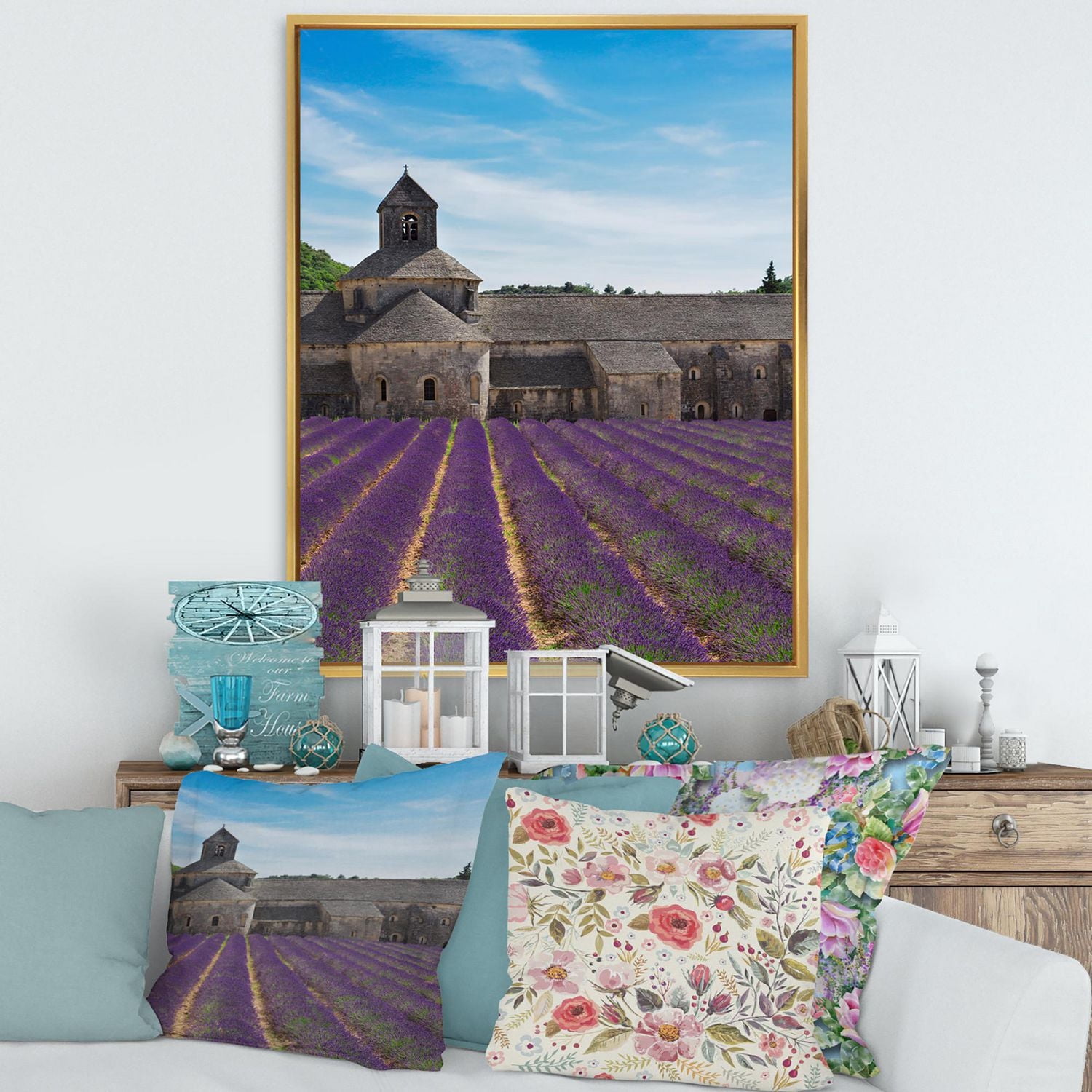 Designart Champ de lavande avec abbaye en France ART MURAL À CADRE FLOTTÉ