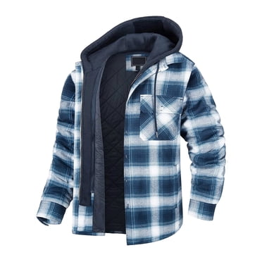 Penkiiy Hooded Plaid Jacket Men Button Casual Hooded Zipper Thicken Lattice Long Sleeve With Pocket Jacket Sky Blue Plaid Jacket