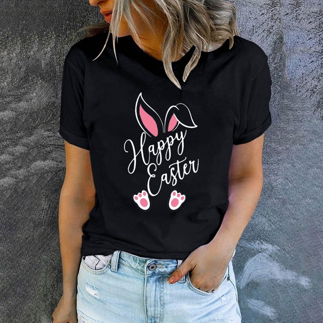 EGNMCR Chemises de Pâques pour Femmes Chemises Imprimé de Pâques T-shirt Col Rond Mode et Confortable Haut Manches Courtes Col Rond T-shirt pour Femmes