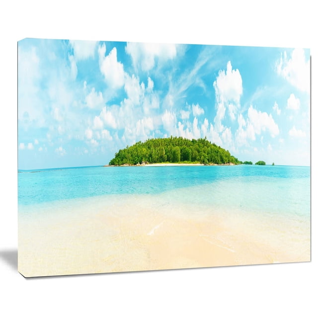 Design Art Tropical Island Panorama Canvas Print featuring a gallery wrapped cotton canvas with a vivid tropical island covered in lush green trees surrounded by clear turquoise water and a bright blue sky with white clouds, ready to hang wall art ideal for home décor or office spaces.