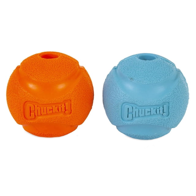 Chuckit! Fetch Ball 2 Pack Medium Durable Rubber Ball Dog Toy showing one orange and one blue textured rubber ball with the Chuckit! logo, designed for high bounce, floating in water, and compatible with Chuckit! launchers, suitable for outdoor dog exercise and play.