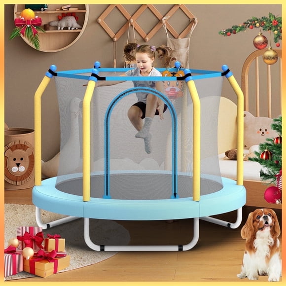 Mersco 55inch Kids Trampoline for Toddlers, Indoor & Outdor Trampoline with Safety Net, Small Children Trampolines with Basketball and Hoop,Baby Toys Gifts for Boys Girls, Birthday, Blue