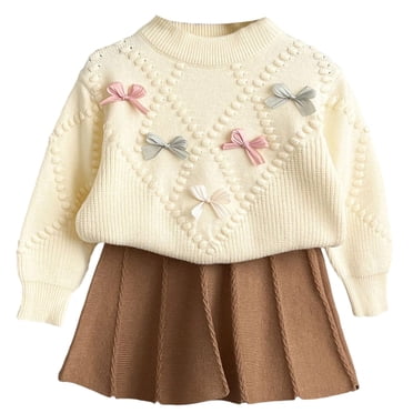 Zecgelong Girls Knit Sweater Set Winter Outfits For Toddler Kids Soft Comfortable Casual Dress With Bow Embroidery Elegant Two Piece Girls Clothing Sets