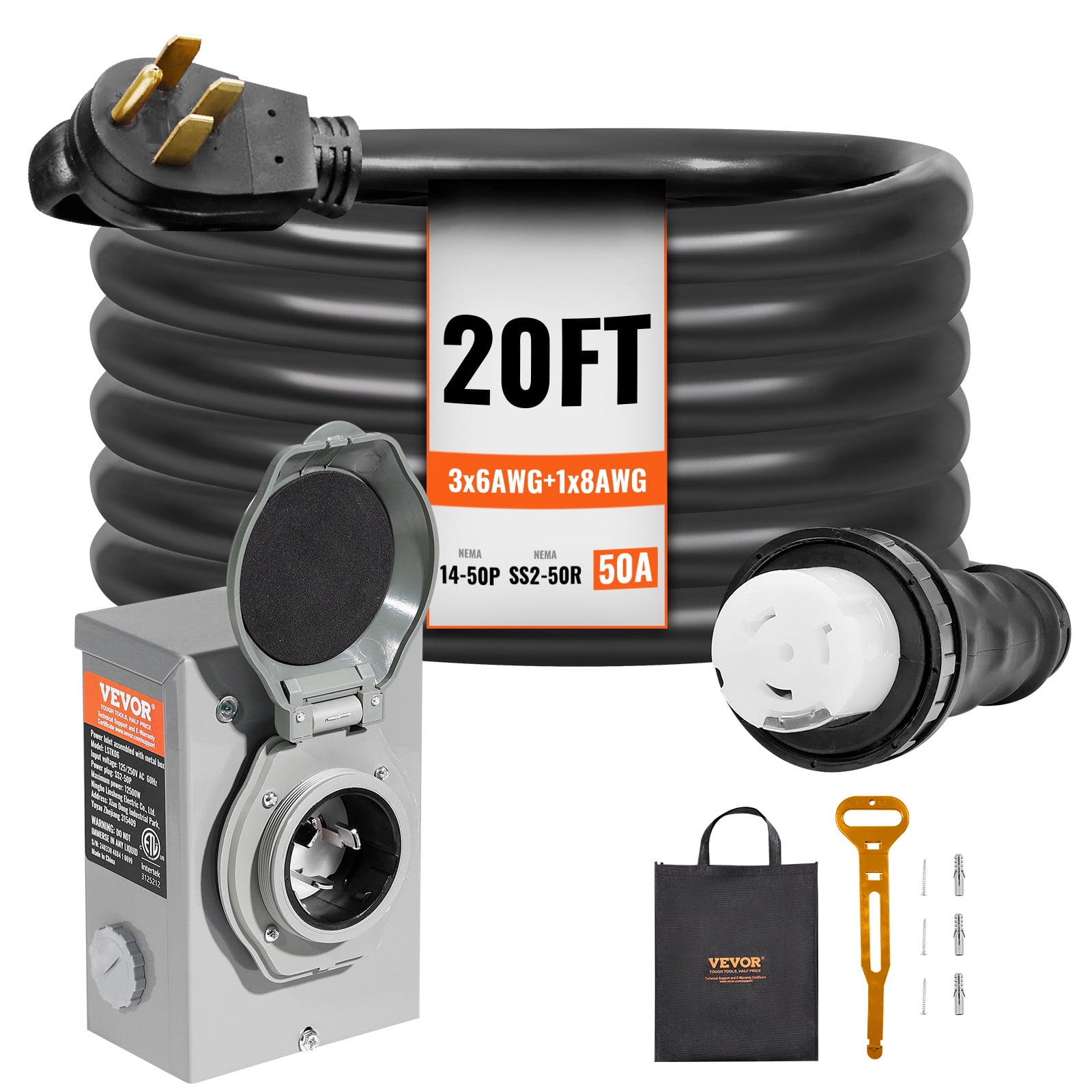 VEVOR 50 Amp Generator Cord and Power Inlet Box Kit, 20FT, NEMA 14-50P/SS2-50R STW 6/3+8/1 AWG Generator Power Cord with Twist Lock Connector, Pre-Drilled Inlet Box for Generator to House, ETL Listed