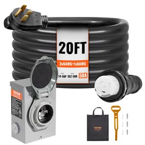 VEVOR 50 Cord de générateur d'amplificateur et kit de boîte d'entrée d'alimentation, 20FT, NEMA 14-50P/SS2-50R STW 6/3+8/1 AWG Cord de puissance générateur avec connecteur de verrouillage Twist, boîte d'entrée pré-percé pour générateur à la maison, ETL Inscrit