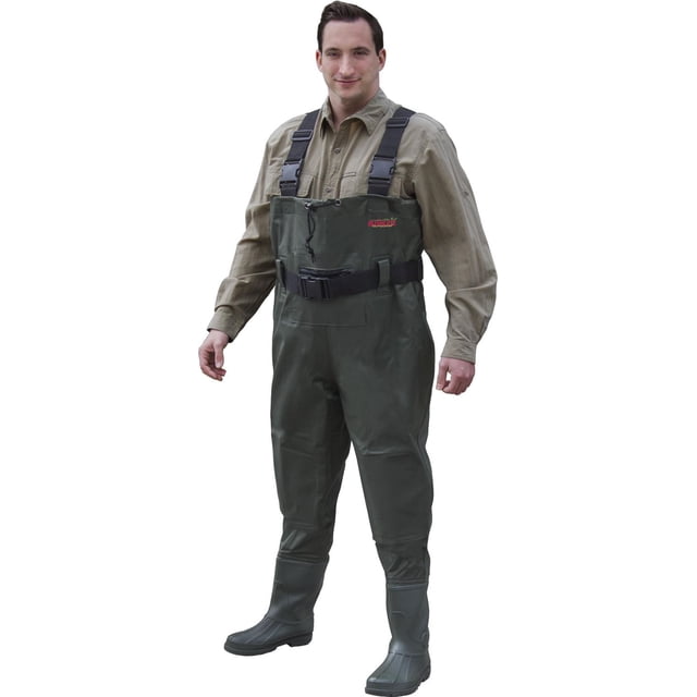 Bushline Poitrine Wader Taille 11 en Vert Foncé avec Tige Robuste en nylon/PVC, Coutures à double Piqûre et à Ruban, Patchs Renforcés pour Genou et Siège, Bottes à Semelle Crantée Moulée par injection en PVC, Bretelles Ajustables Attachées, et une Ceinture Thoracique en Toile avec Boucle à Dégagement Rapide, Idéal pour la Pêche et les Activités Aquatiques de Plein Air.