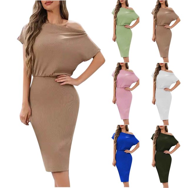 Gspmoly Robe d'Été, Robe d'Été Mode pour Femmes Décontractée à Manches Courtes, Épaules Dénudées, Longueur Genou, Robes de Soirée pour Femmes Offres Prime