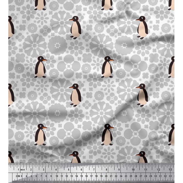 Soimoi Polyester Crepe Fabric Floral & Penguin Ocean Print Fabric by The Yard 52 Inch Wide