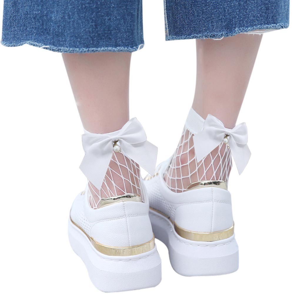 AWZXDE Women Fishnet Ankle Socks Bowknot Lace Trim cute socks for women Solid Color Breathable Casual Daily