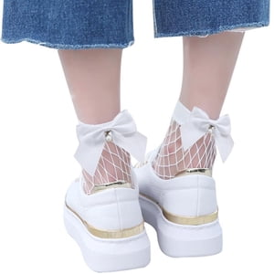 AWZXDE Chaussettes en mailles en filet de poisson femmes Bowknot Dentelle Trim chaussettes mignonnes pour les femmes Solid Color Respirant Casual Daily
