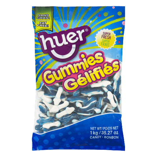 HUER Small Blue Sharks Gummy Candy in a 1kg (2.2 lbs) bulk bag, featuring bite-sized shark-shaped gummies with a vibrant blue raspberry top and creamy marshmallow underbelly. Perfect for candy buffets, under-the-sea parties, and as a colourful centerpiece for ocean-themed events. The packaging highlights fat-free and super fresh qualities.
