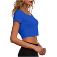 thumbnail image 4 of VSSSJ Crop Tops pour Femmes Manches Courtes Col Rond Extensible Chemise Décontractée Ajustée Solide Confortable Été Basique T-Shirts Courts Bleus Taille Unique, 4 of 5